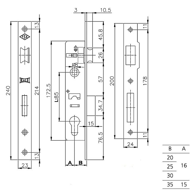 Замок врезной Kale Kilit 153 A 25 мм никель