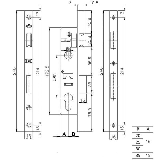 Замок врезной Kale Kilit 153Р В 35 мм никель