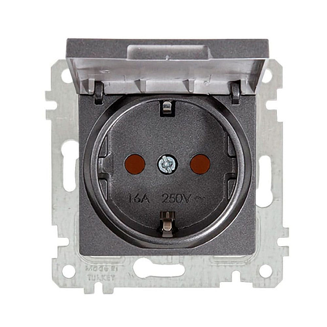 Розетка Mutlusan Rita 2Р+Е с крышкой защитные шторки дымчатый