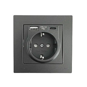 Розетка Mutlusan Rita 2220-629-0284 2P+E USB Type A USB Type C 2.4 А черная матовая