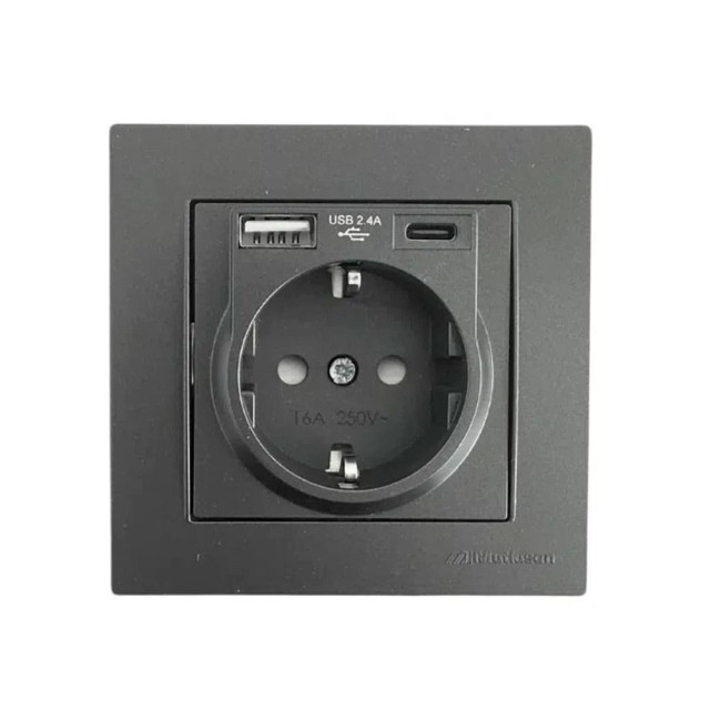 Розетка Mutlusan Rita 2220-629-0284 2P+E USB Type A USB Type C 2.4 А черная матовая