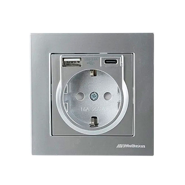 Розетка Mutlusan Rita 2220-629-0282 2P+E USB Type A USB Type C 2.4А нержавеющая сталь