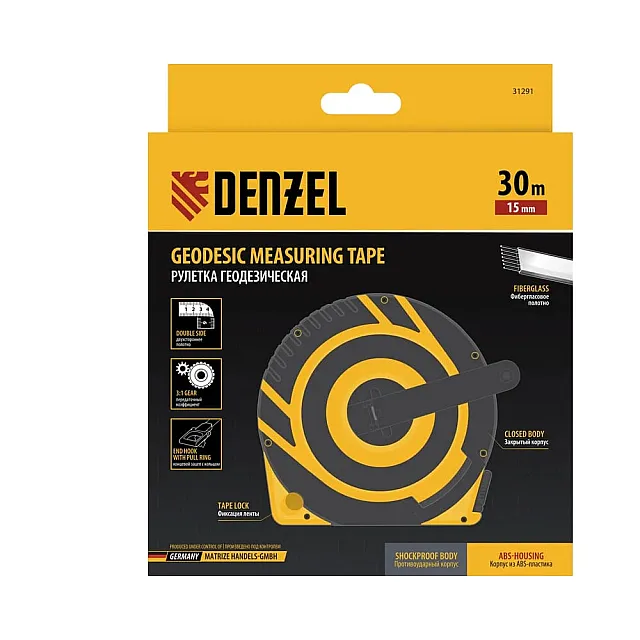 Рулетка геодезическая Denzel 31291 30 м*15 мм закрытый корпус фиберглассовая лента