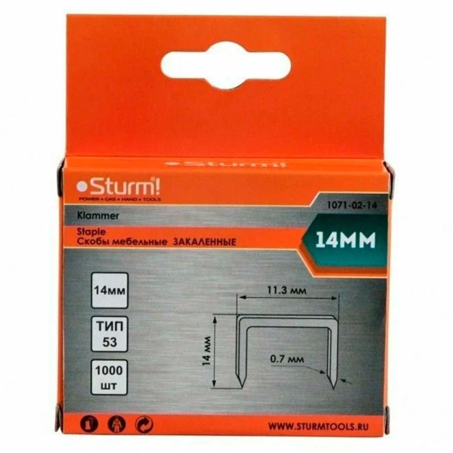 Скобы Sturm 1071-02-14 тип 53 для степлера оцинкованные закаленные 14 мм 1000 шт Скобы Sturm 1071-02-14 тип 53 для степлера оцинкованные закаленные 14 мм 1000 шт