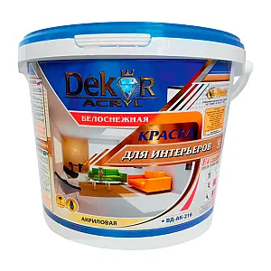 Краска Dekor ВД-АК-216 для интерьеров белоснежная 7 кг
