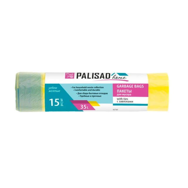 Пакеты для мусора Palisad Home 927165 с завязками желтые 35 л 15 шт Пакеты для мусора Palisad Home 927165 с завязками желтые 35 л 15 шт