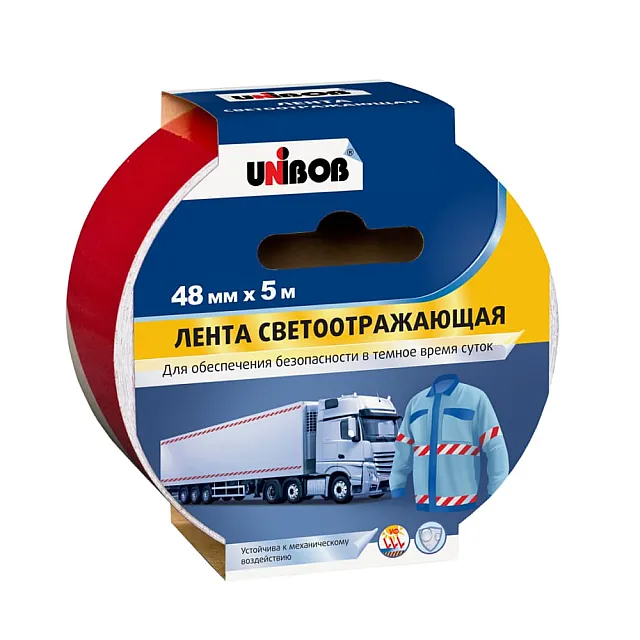 Лента клейкая Unibob 48984 светоотражающая 48 мм*5 м красно-белая