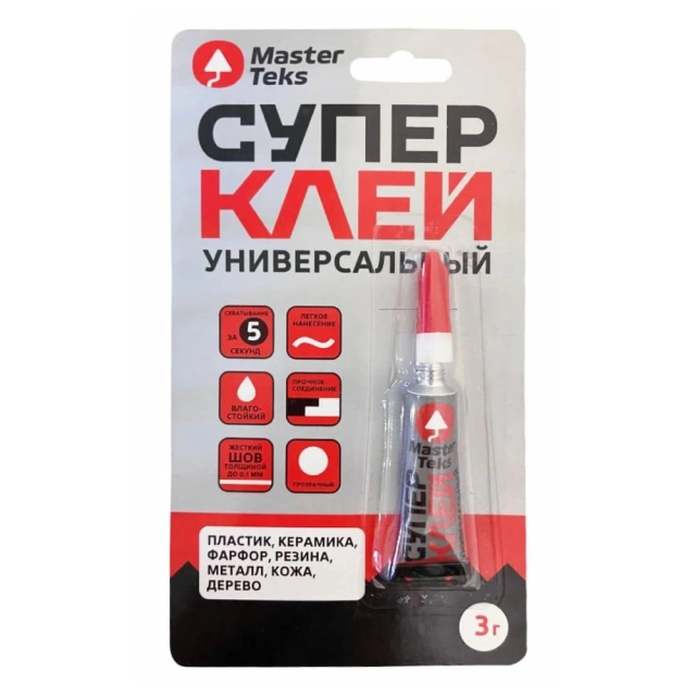 Супер-клей MasterTeks цианоакрилатный универсальный прозрачный 3 г Супер-клей MasterTeks цианоакрилатный универсальный прозрачный 3 г