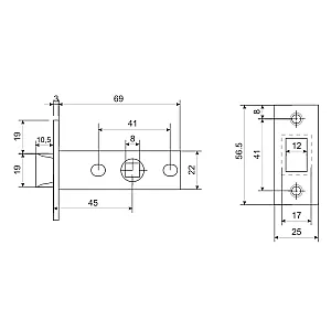 Защелка Аллюр АРТ L45-8 АВ торцевая планка 25 мм без ручки старая бронза