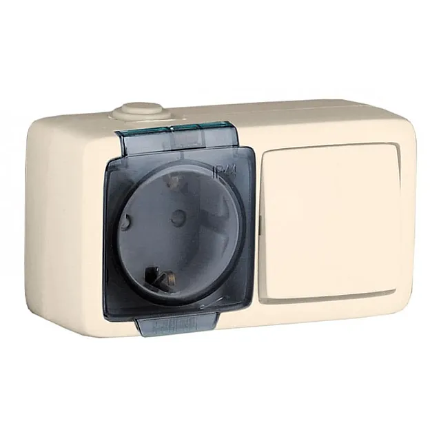 Блок Hegel Alfa БА 16-211-01 выключатель 1 клавиша + розетка с заземлением с крышкой брызгозащищенная слоновая кость