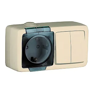 Блок Hegel Alfa 16-212-01 выключатель 2 клавиши + розетка с заземлением с крышкой брызгозащищенная слоновая кость