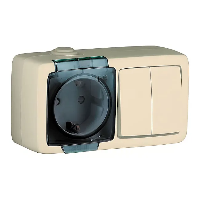 Блок Hegel Alfa 16-212-01 выключатель 2 клавиши + розетка с заземлением с крышкой брызгозащищенная слоновая кость