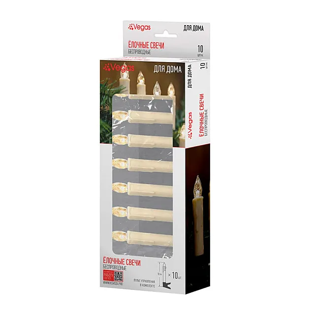 Набор елочных свечей Vegas 55118 теплые LED с эффектом пламени беспроводных с пультом 1.8*10 см 10 шт