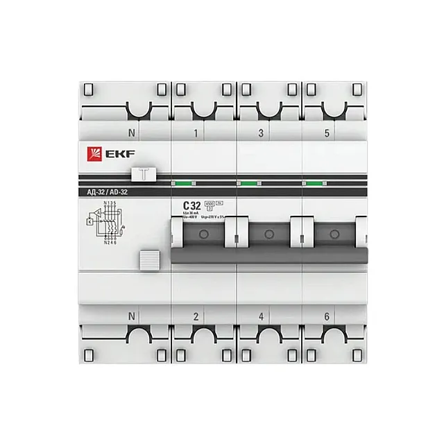 Автоматический выключатель дифференциального тока EKF PROxima АД-32 DA32-32-30-4P-PRO 3P+N 32А 30мА тип АС х-ка C 4.5кА