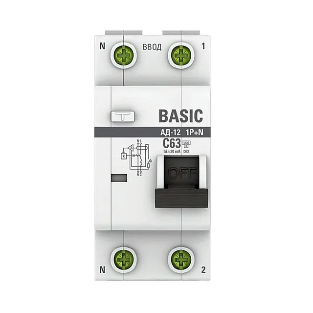 Автоматический выключатель дифференциального тока EKF Basic АД-12 DA12-63-30-bas 1P+N 63А 30мА тип АС х-ка C 4.5кА