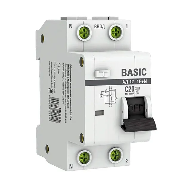 Автоматический выключатель дифференциального тока EKF Basic АД-12 DA12-20-30-bas 1P+N 20А 30мА тип АС х-ка C 4.5кА