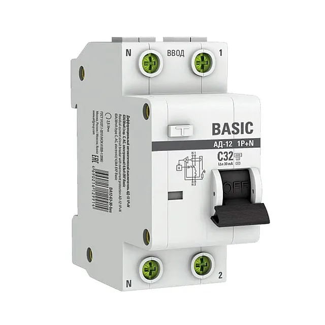 Автоматический выключатель дифференциального тока EKF Basic АД-12 DA12-32-30-bas 1P+N 32А 30мА тип АС х-ка C 4.5кА