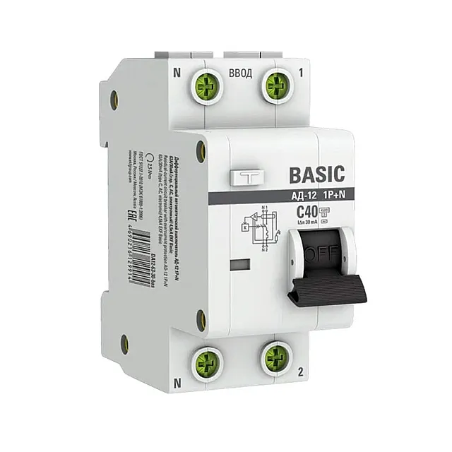 Автоматический выключатель дифференциального тока EKF Basic АД-12 DA12-40-30-bas 1P+N 40А 30мА тип АС х-ка C 4.5кА