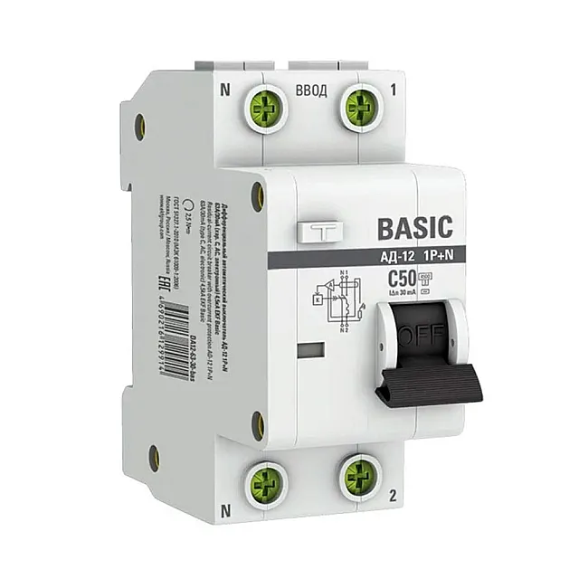 Автоматический выключатель дифференциального тока EKF Basic АД-12 DA12-50-30-bas 1P+N 50А 30мА тип АС х-ка C 4.5кА