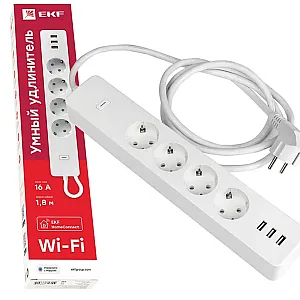 Умный удлинитель EKF Connect RCE-1-WF Wi-Fi 4 гнезда с заземлением+USB*3