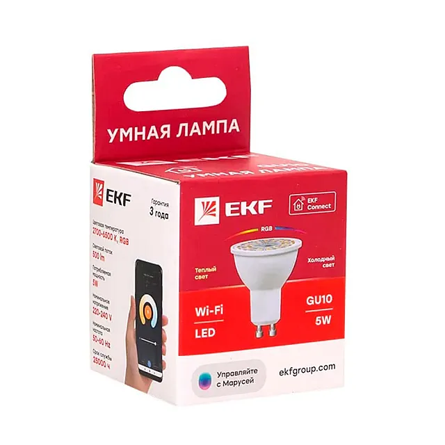 Умная светодиодная лампа EKF Connect WIFI RGBW-3000K-6500K-5Вт-GU10