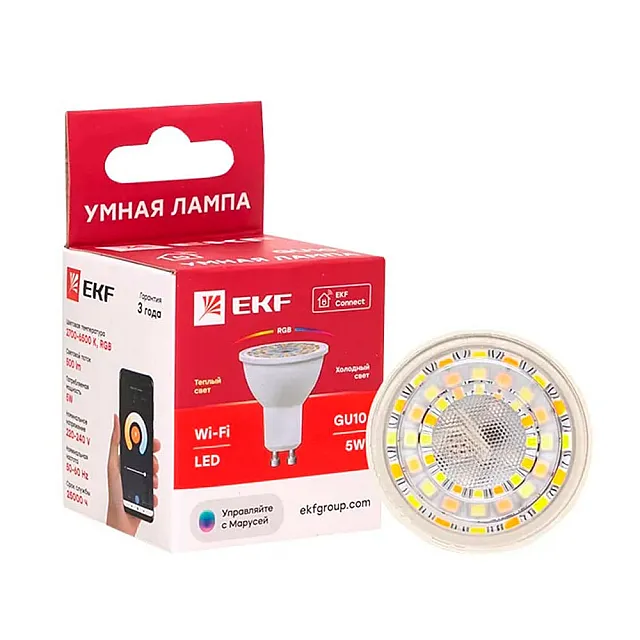 Умная светодиодная лампа EKF Connect WIFI RGBW-3000K-6500K-5Вт-GU10