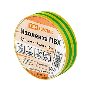 Изолента TDM Electric SQ0526-0027 ПВХ 0.13*15 мм 10 м желто-зеленая