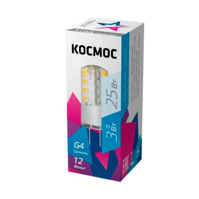 Лампа светодиодная Космос LksmLED3wJCG412v45 3Вт 12В G4 4500К Лампа светодиодная Космос LksmLED3wJCG412v45 3Вт 12В G4 4500К