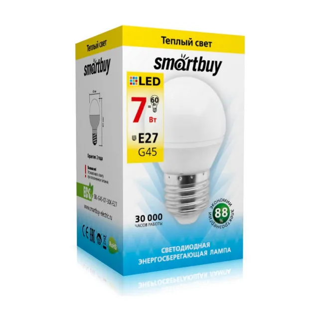 Лампа светодиодная SmartBuy SBL-G45-07-30K-E27 G45-07W/3000/Е27