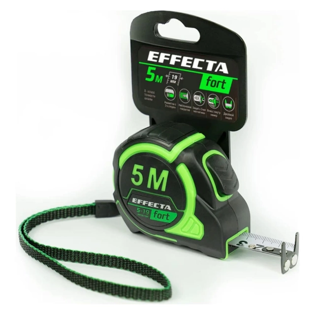 Рулетка Effecta Fort 19 мм*5 м магнитная двухсторонняя шкала Рулетка Effecta Fort 19 мм*5 м магнитная двухсторонняя шкала