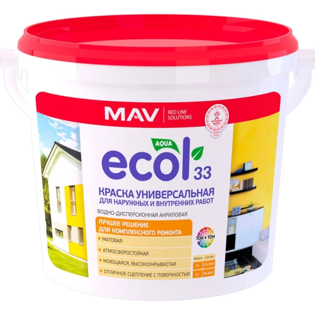 Краска MAV Ecol 33 универсальная для наружных и внутренних работ белая матовая 5 л Краска MAV Ecol 33 универсальная для наружных и внутренних работ белая матовая 5 л