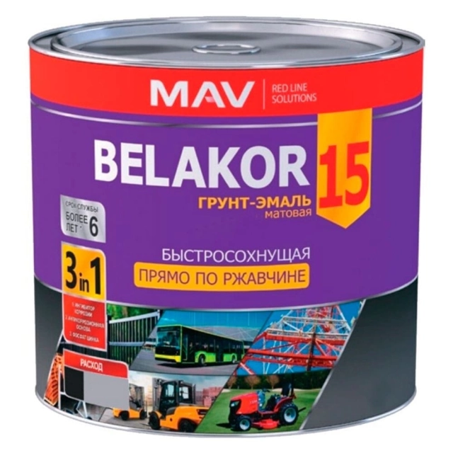 Грунт-эмаль MAV Belakor 15 прямо по ржавчине 3 в 1 быстросохнущая RAL 3000 красная матовая 2.4 л Грунт-эмаль MAV Belakor 15 прямо по ржавчине 3 в 1 быстросохнущая RAL 3000 красная матовая 2.4 л