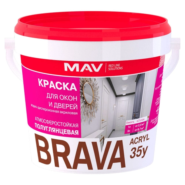 Краска MAV Brava Acryl 35у для окон и дверей белая полуглянцевая 3 л Краска MAV Brava Acryl 35у для окон и дверей белая полуглянцевая 3 л