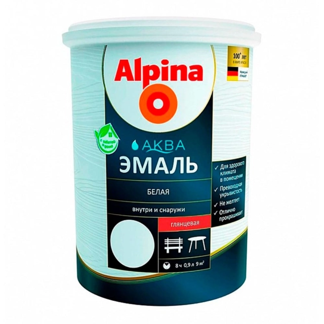 Эмаль Alpina Аква акриловая белая глянцевая 0.9 л Эмаль Alpina Аква акриловая белая глянцевая 0.9 л