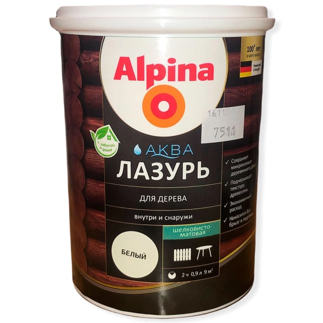 Лак Alpina Аква Лазурь для дерева белый 0.9 л Лак Alpina Аква Лазурь для дерева белый 0.9 л