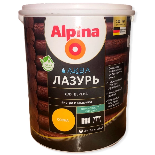 Лак Alpina Аква Лазурь для дерева сосна 2.5 л Лак Alpina Аква Лазурь для дерева сосна 2.5 л