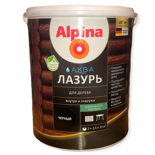 Лак Alpina Аква Лазурь для дерева черный 2.5 л Лак Alpina Аква Лазурь для дерева черный 2.5 л