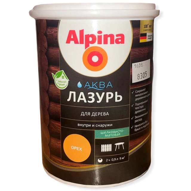 Лак Alpina Аква Лазурь для дерева орех 0.9 л Лак Alpina Аква Лазурь для дерева орех 0.9 л