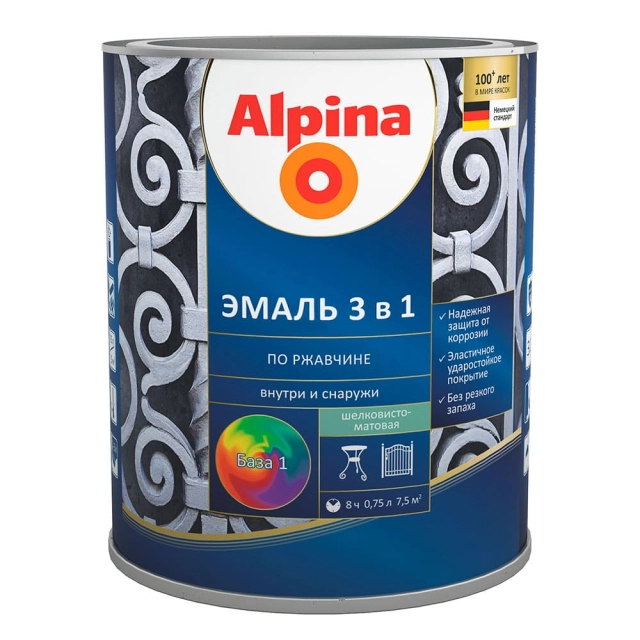 Эмаль Alpina по ржавчине 3 в 1 База 1 белая 0.75 л Эмаль Alpina по ржавчине 3 в 1 База 1 белая 0.75 л