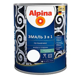 Эмаль Alpina по ржавчине 3 в 1 RAL9003 белая 0.75 л