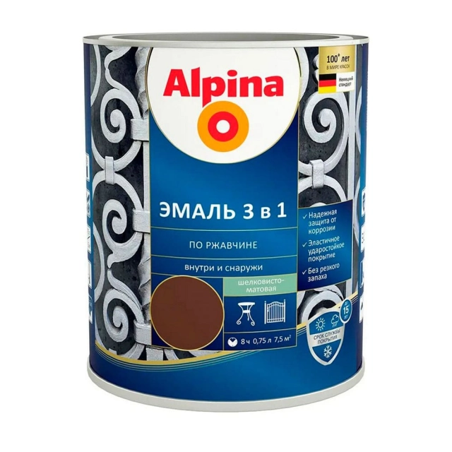 Эмаль Alpina по ржавчине 3 в 1 RAL8017 шоколадная 0.75 л Эмаль Alpina по ржавчине 3 в 1 RAL8017 шоколадная 0.75 л