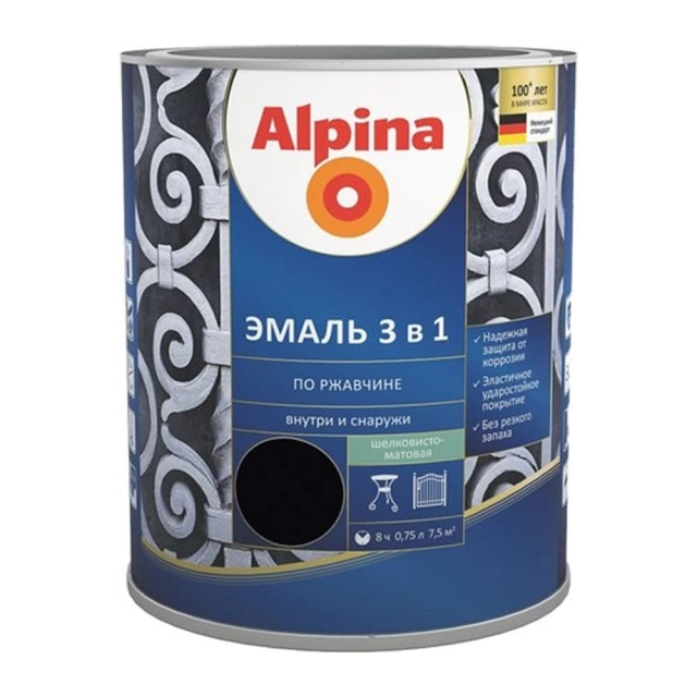 Эмаль Alpina по ржавчине 3 в 1 RAL9005 черная 0.75 л Эмаль Alpina по ржавчине 3 в 1 RAL9005 черная 0.75 л