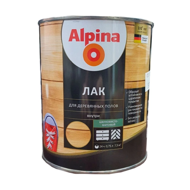 Лак Alpina для деревянных полов шелковисто-матовый 0.75 л Лак Alpina для деревянных полов шелковисто-матовый 0.75 л