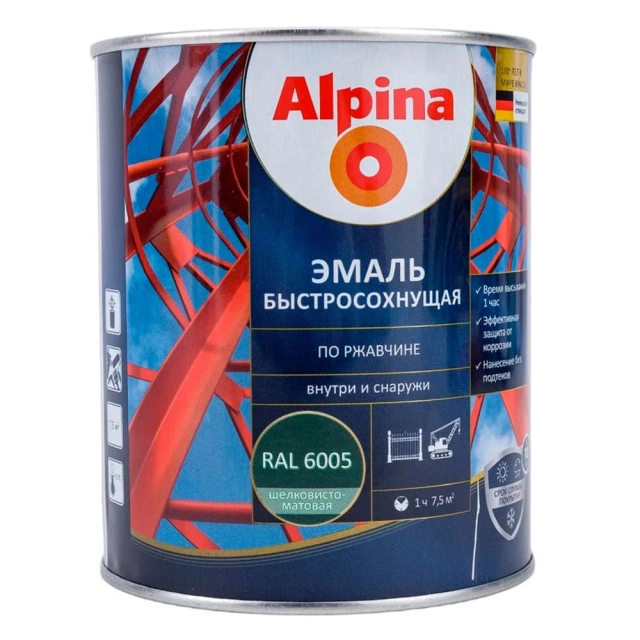 Грунт-эмаль Alpina быстросохнущая по ржавчине RAL 6005 зеленая 0.75 л Грунт-эмаль Alpina быстросохнущая по ржавчине RAL 6005 зеленая 0.75 л