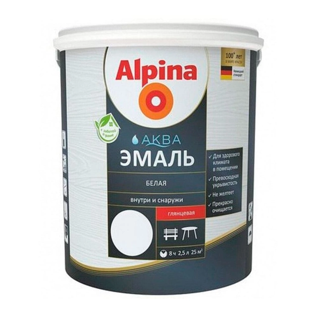 Эмаль Alpina Аква акриловая белая глянцевая 2.5 л Эмаль Alpina Аква акриловая белая глянцевая 2.5 л