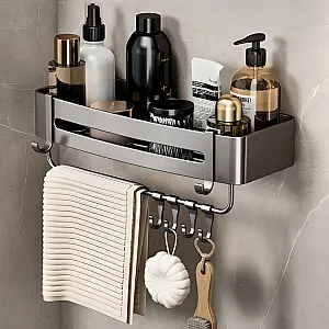 Полка для ванной комнаты Illu навесная с полотенцедержателем серая металл