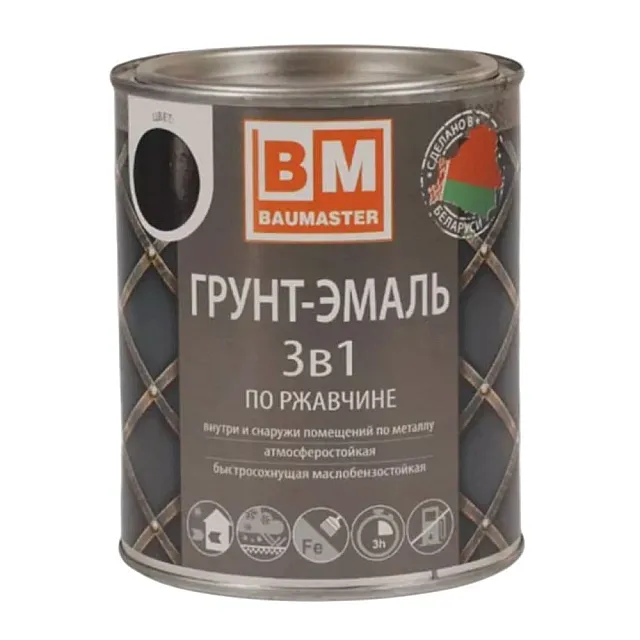 Грунт-эмаль BauMaster 3 в 1 по ржавчине черная Ral 9005 0.8 кг