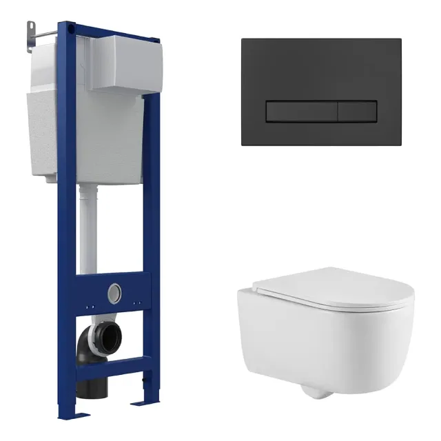 Унитаз подвесной с инсталляцией Berges Tornas Rimless + Atom 410 / АТ-043333 с черной кнопкой Atom Line Soft Touch