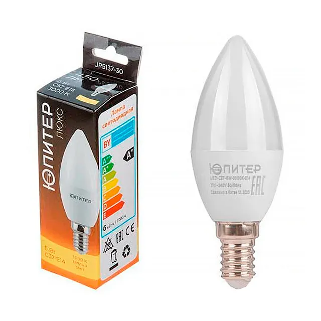 Лампа светодиодная Юпитер JP5137-30 C37 6 Вт E14 3000К люкс
