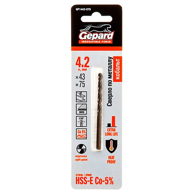 Сверло по металлу Gepard GP1442-075 HSS-Co 4.2*43*75 мм